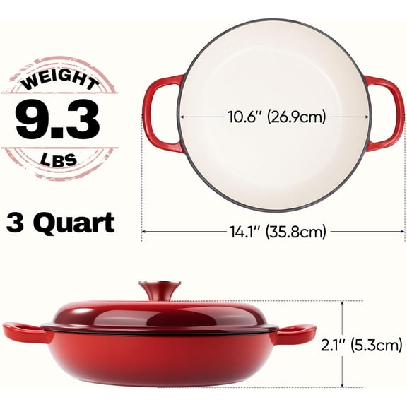 3 Quart Enameled Cast Iron Braiser, Non Stick Skillet with Lid, Dutch Oven for Oven Stove Grill, Shallow Cookware for Bake (Red)