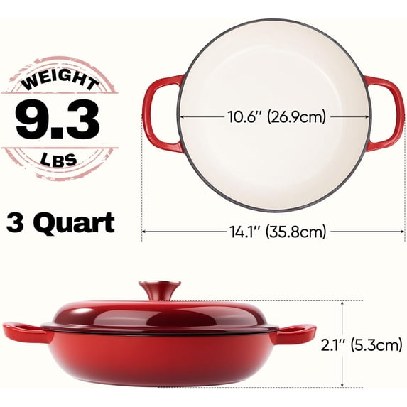 3 Quart Enameled Cast Iron Braiser, Non Stick Skillet with Lid, Dutch Oven for Oven Stove Grill, Shallow Cookware for Bake (Red)