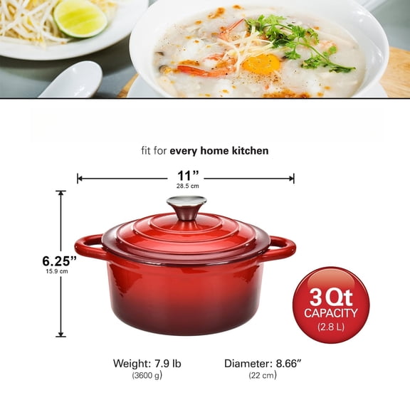 3-Quart Enameled Cast Iron Dutch Oven, Navy with Cream Interior | Even Heat Distribution & Easy-Grip Handles | Ideal for Braising, Roasting,Stewing & Bread Baking
