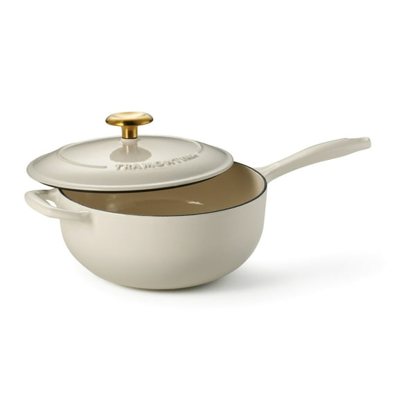 Tramontina Bestow 3-Quart Enameled Cast Iron Saucier with Lid, Latte with Gold Knob, Oven-Safe
