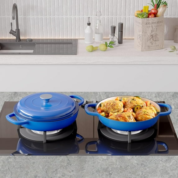 3 Quart Enameled Shallow Cast Iron Dutch Oven with Lid, Dark Blue, Nonstick, Oven Safe to 500°F
