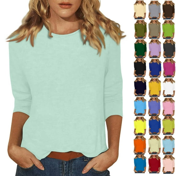 3 Quarter Length Sleeve Tops Women Round Neck Dressy Basics Tees Casual Trendy Loose Fit T Shirts Dark Green S