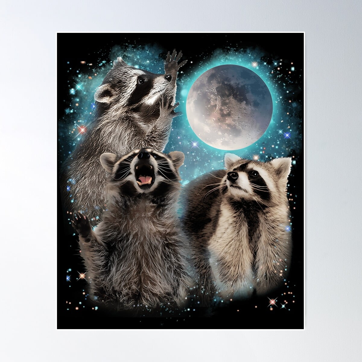 3 Racoon Moon Howling Raccoon Head Funny Poster Wall Art, Modern Wall ...