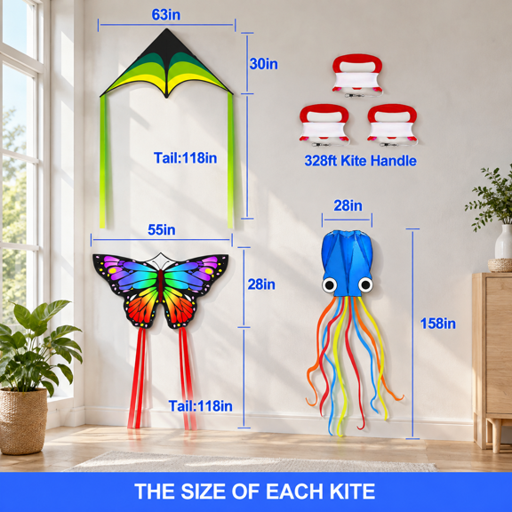 3 Rainbow&Green&Blue Single Line Kite Set for Adults and Beginners Easy to Fly