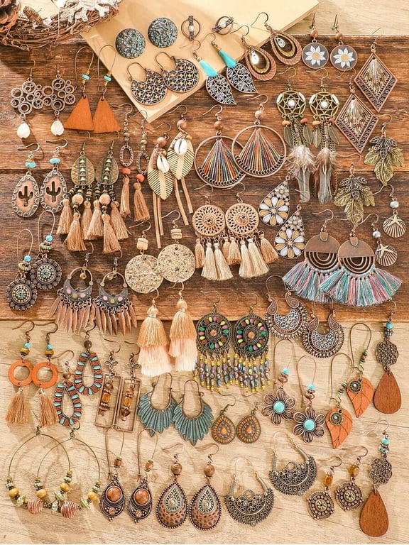 3# Random 15 Pairs Bohemian Geometric Tassel Dangle Earrings Set 15 Pairs