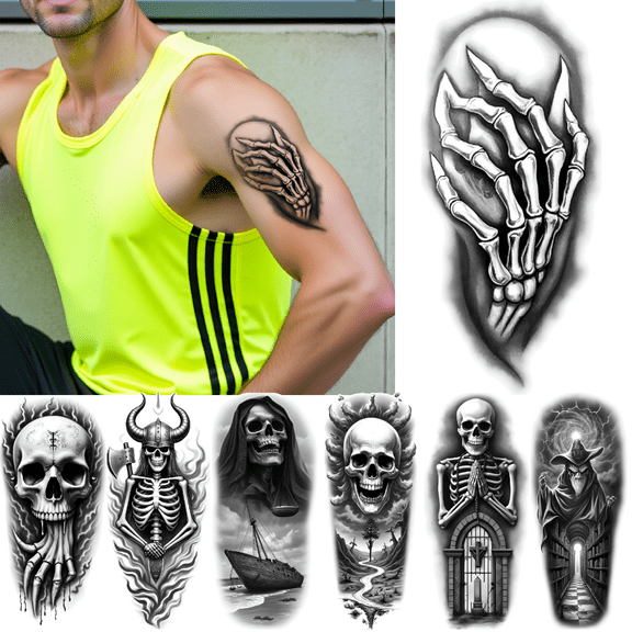 3 Realistic Temporary Tattoos Waterproof Long Lasting Body Stickers Horror Skull Adult Men Tattoo Stickers Arm Forearm Thigh