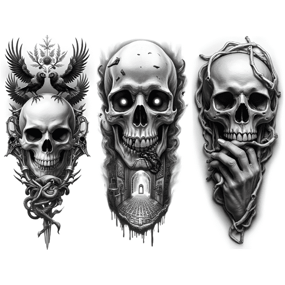 3 Realistic Temporary Tattoos Waterproof Long Lasting Body Stickers Horror Skull Adult Men Tattoo Stickers Arm Forearm Thigh