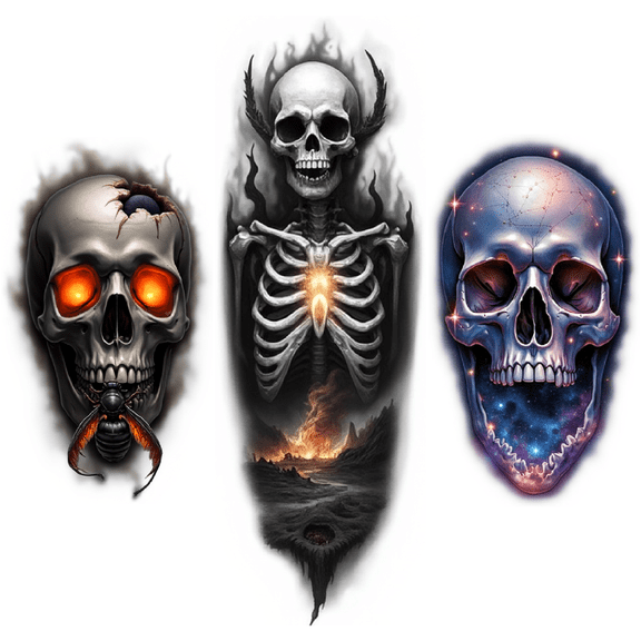 3 Realistic Temporary Tattoos Waterproof Long Lasting Body Stickers Horror Thriller Skull Adult Men Tattoo Stickers Arm Forearm Thigh