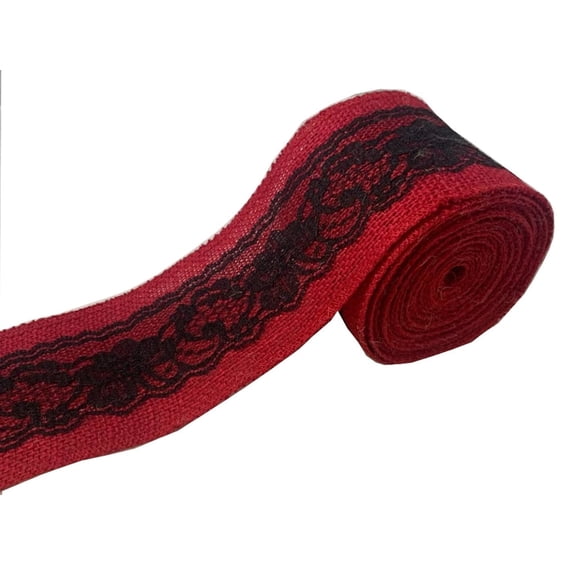 3 Red Burlap Ribbon With Black Lace 5 Yard Roll Made In Usa-,