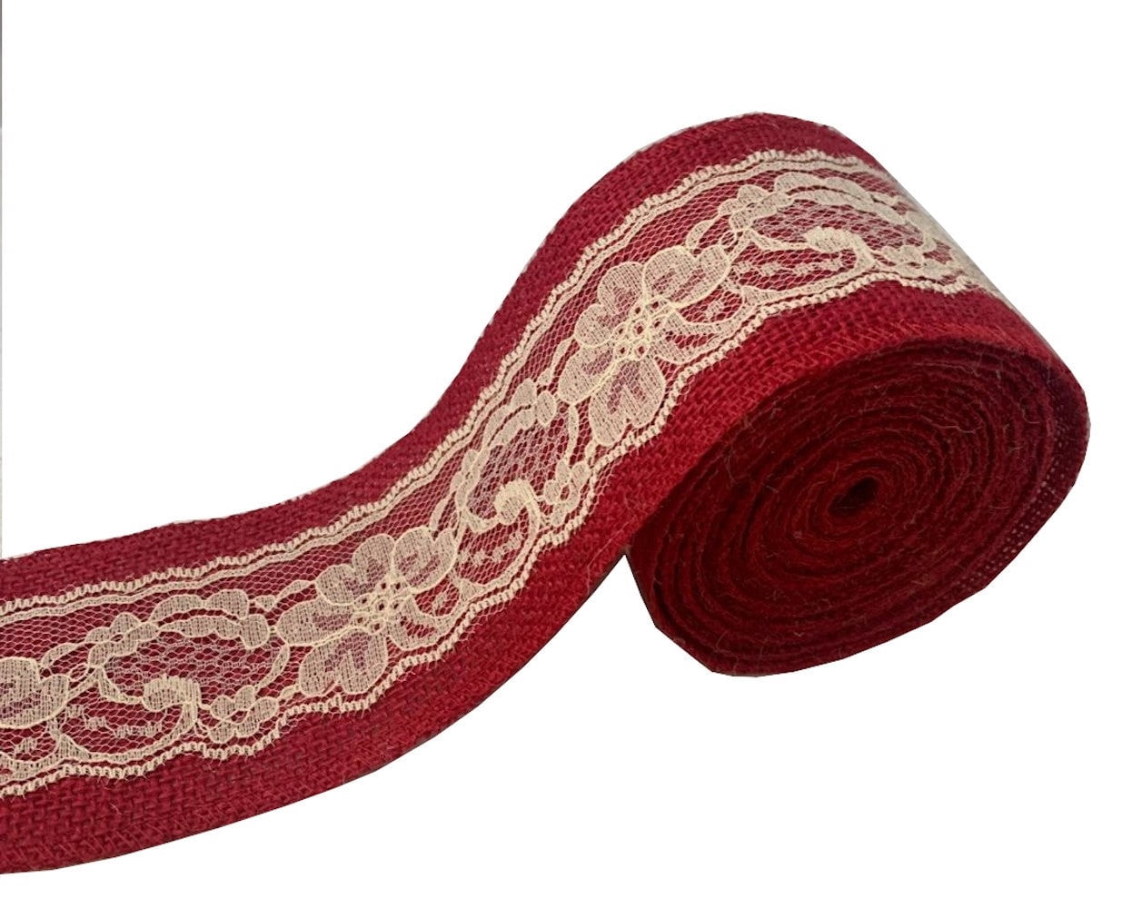 3 Red Burlap Ribbon With Ivory Lace 5 Yard Roll Made In Usa-,