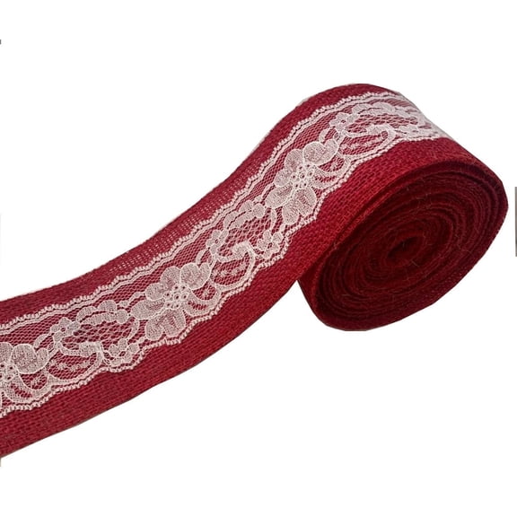 Burlap Fabrics Red Burlap Ribbon with White Lace - 3 Inch Wide x 5 Yard Roll Serged Edges Made in USA