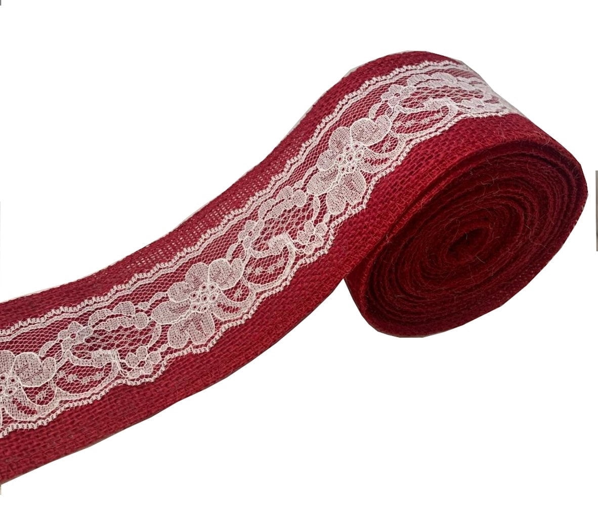 Burlap Fabrics Red Burlap Ribbon with White Lace - 3 Inch Wide x 5 Yard Roll Serged Edges Made in USA