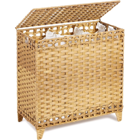 with 3 Removable Liner Bags; 132L Handwoven Rattan Laundry Basket with Lid & Heightened Feet; Clothes Hamper with Side Handles; Laundry Sorter with 3 Separate Sections