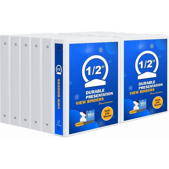 3 Ring Binder 1/2 Inch, Sturdy 0.5"-Round Ring Binder with 2 Interior Pockets, Clear View Cover, PVC-, Fits 100 Sheets of 8.5'' x 11'' Paper, Office School (12 , White)