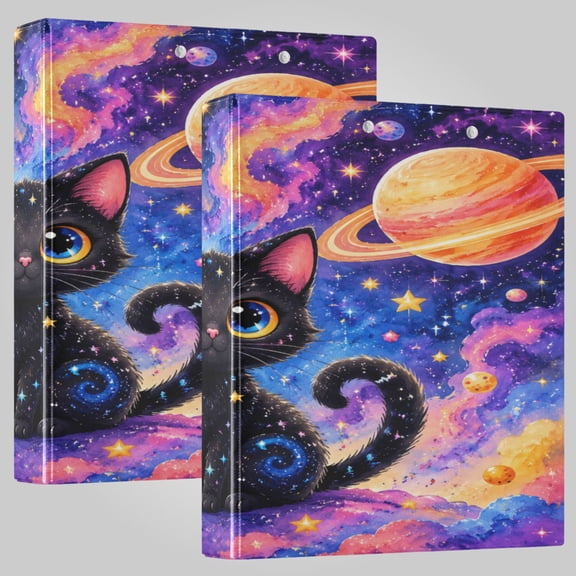 3 Ring Binder 1.5 inch Round Rings with Interior Pockets Binders Organizer Office School 1Pack Black Cat in Cosmic Nebula