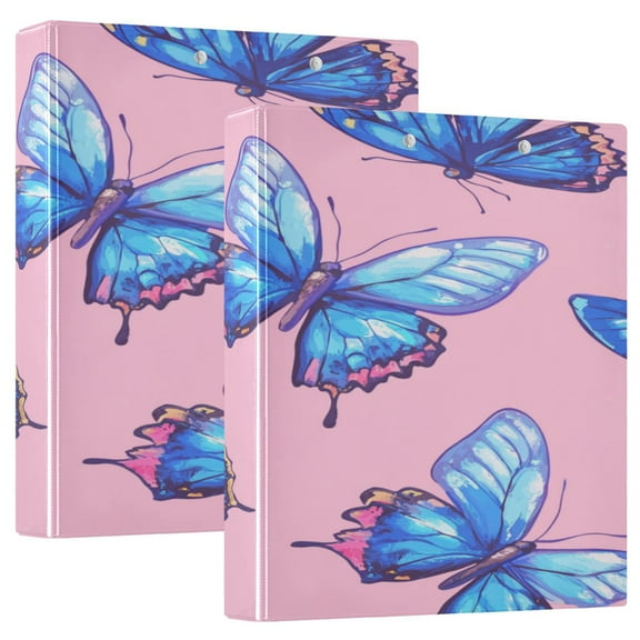 3 Ring Binder 1.5 inch Round Rings with Interior Pockets Binders Organizer Office School 1Pack Blue Butterfly on Pink
