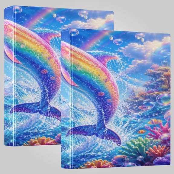 3 Ring Binder 1.5 inch Round Rings with Interior Pockets Binders Organizer Office School 1Pack Fantasy Rainbow Dolphin Sea