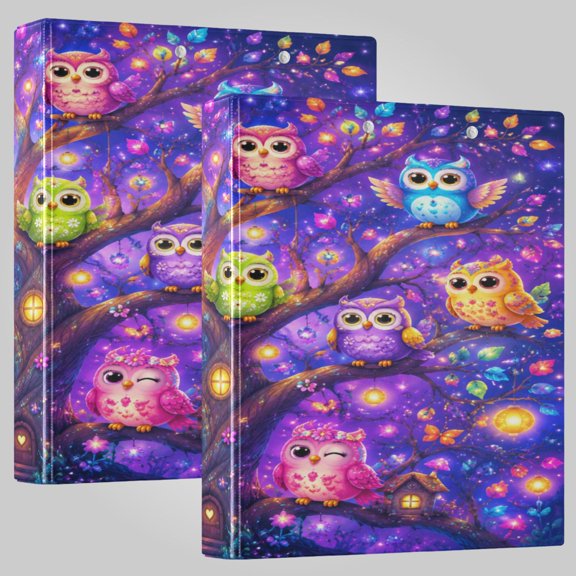 3 Ring Binder 1.5 inch Round Rings with Interior Pockets Binders Organizer Office School 1Pack Magical Owls Tree Artwork