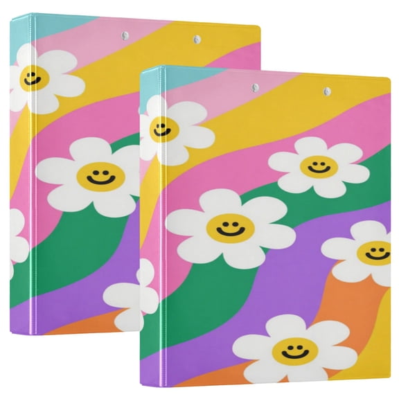 3 Ring Binder 1.5 inch Round Rings with Interior Pockets Binders Organizer Office School 1Pack Smiley Daisy on Rainbow Background