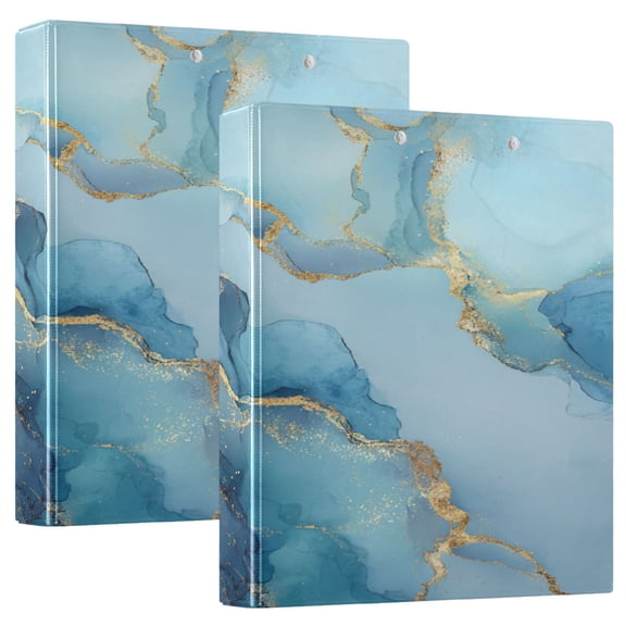 3 Ring Binder 1.5 inch Round Rings with Interior Pockets Binders Organizer Office School 2Pack Light Blue Gold Marble Pattern