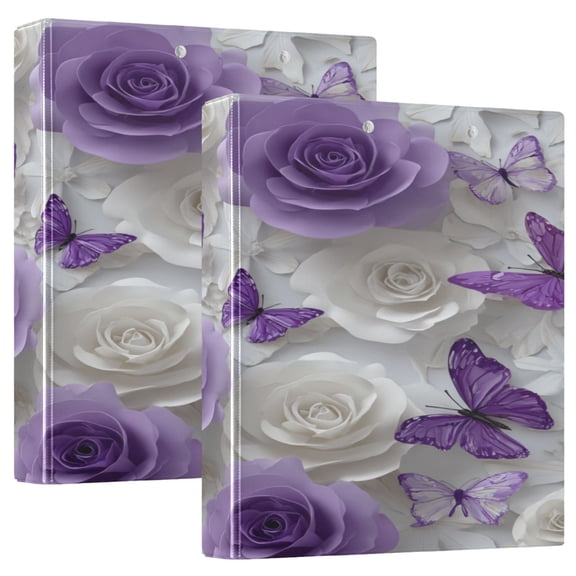 3 Ring Binder 1.5 inch Round Rings with Interior Pockets Binders Organizer Office School 2Pack Purple Butterflies and White Roses