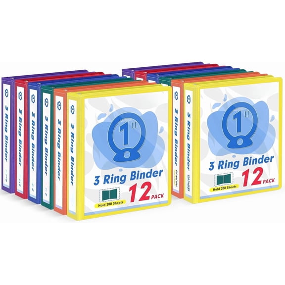 3 Ring Binder 1 Inch, 12 1-Inch Binder Fits Letter Size 8.5'' x 11'' Paper, Versatile Binders for Office School, 2 Pockets, Assorted 6 Color