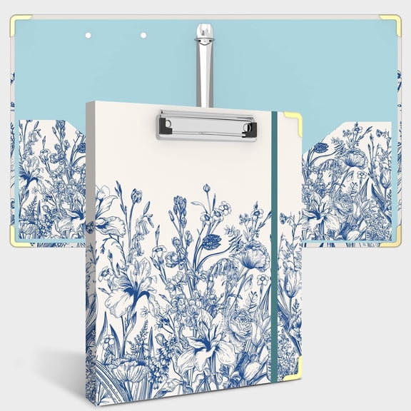 3 Ring Binder 1 Inch, Cute Leopard Decorative Hardcover Low Profile Clipboard with Storage, 1'' Round Ring Binders for Letter Size Paper, Binder Organizer for School Office Supplies (Blue Florals)