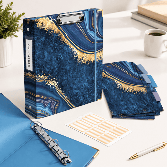 3 Ring Binder 1 Inch Cute Letter Size (11" X 8.5") With 5 Tab Dividers File Folder Labels And Low Profile Clipboards Blue Marble