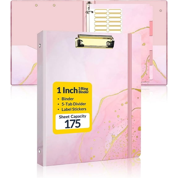 3 Ring Binder - 1 Inch, Cute with Clipboard, 2 Pockets, 5 Tab Dividers & Label Stickers, Pink Marble Heavy Duty Binder (Fit 8.5x11 Inches) for Office