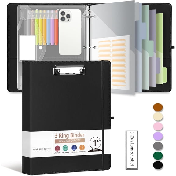3 Ring Binder, 1 Inch Leather Binders with Clipboards, 5-Tabs Pockets Dividers, 18 Divider Stikers, Plastic Folder, Pen Holder, Three Ring Binder with Pen Holder(Black, Letter Size)