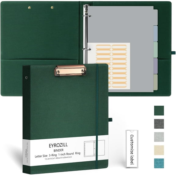 3 Ring Binder, 1 Inch Linen Binder Orizer for Letter Size (8.5" x 11") with 5 Tab Dividers, File Folder Labels and Low Profile Clipboards, School Office Supplies-ish Green
