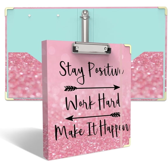 3 Ring Binder 1 Inch Round Rings for Letter-Size Paper with Profile Clipboard, Cute Three Ring Binders Folders Organizer for Office School Supplies(Stay Positive)
