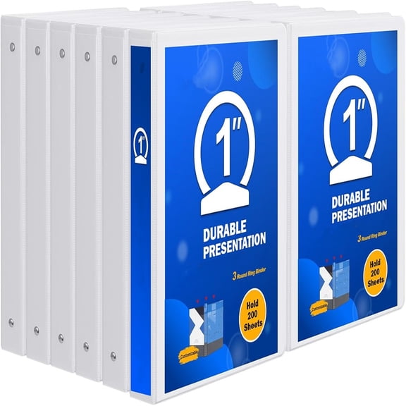 3 Ring Binder 1 Inch, Sturdy 1"-Round Ring Binder with 2 Interior Pockets, Clear View Cover, Fits 200 Sheets of 8.5'' x 11'' Paper, Office Home School (12 Pack, White)