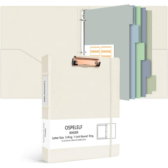 3 Ring Binder 1 Inch Vintage Hardcover, Leather Organizer for Letter Size, Professional Clipboard With Dividers and Tabs, Beige