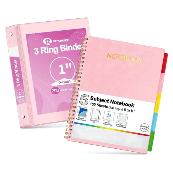 3 Ring Binder 1 inch + 5 Subject Notebook College Ruled 400 Pages 5 Color Pocket Dividers Letter Size Office Combo Pink