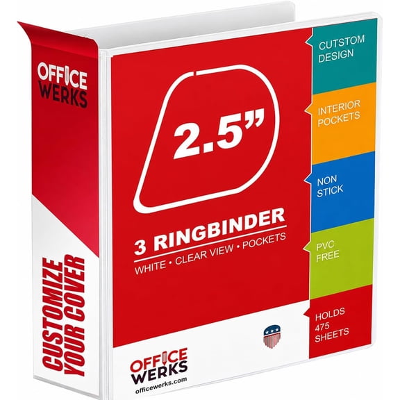 3 Ring Binder, 2.5" Professional Angle D-Rings, Presentation Folder for Standard Pages with Inside Pockets, Customizable Clear View White Binder (3.2" Spine)