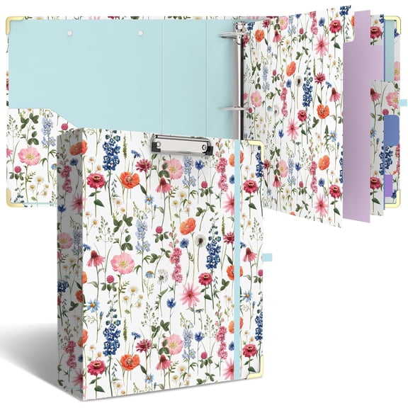 3 Ring Binder 2 Inch Round Ring Binder with 6 Tab DividersCute Clipboard with Storage(Wild Flowers)