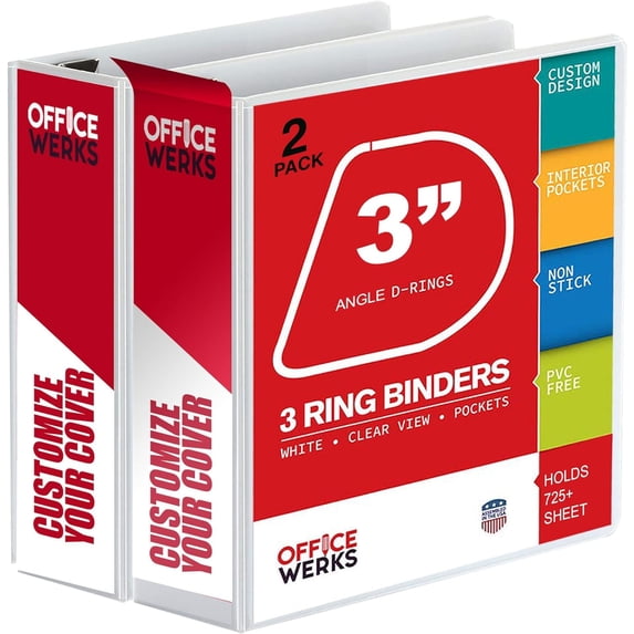 3 Ring Binder, 2 Pack of 3 Inch D Ring Binders, 8.5" x 11" Presentation Folder View Binder with Pockets, Durable Non-Stick Customizable Clear View Cover for Documents, Files, Projects (White)