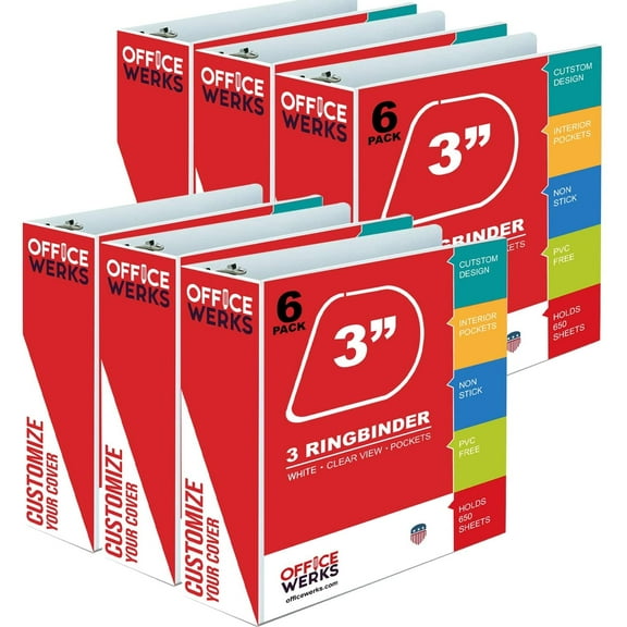 3 Ring Binder, 3" Professional Slant D-Rings, Presentation Folder for Standard Pages with Inside Pockets, Customizable Clear View White Binder (6 Pack)