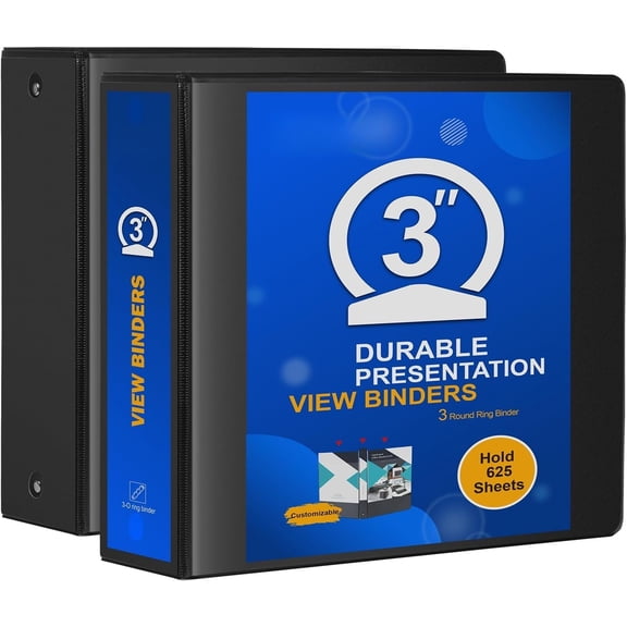 3 Ring Binder 3 inch with Clear View Cover, Large 3" Round Ring for Strength, 600 Sheets of Letter Size Paper, Office School, 2 (Black)
