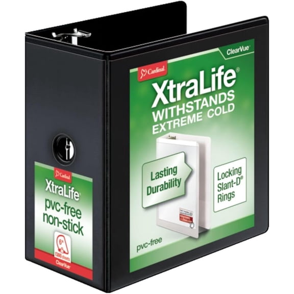 3 Ring Binder, 6 Inch Heavy Duty XtraLife Binder, Locking Slant-D Rings, Crack-Resistant Cover & Spine, ClearVue Covers with Shelf Pull, Holds 1,300 Sheets, Black (26361)