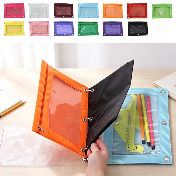 3-Ring Binder Pencil Pouch, Transparent Window Zipper Document Storage Bag for Office (Orange)