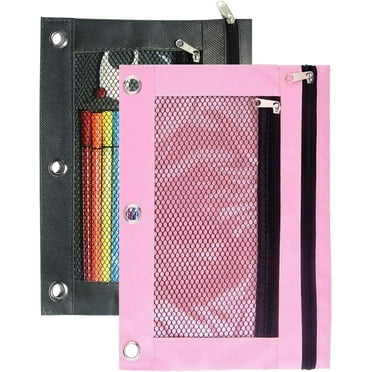 3 Ring Binder Pencil Pouches Pack of 2, Stationery Storage Bags with Zipper - Pencil Case with Double Pocket and Mesh Window