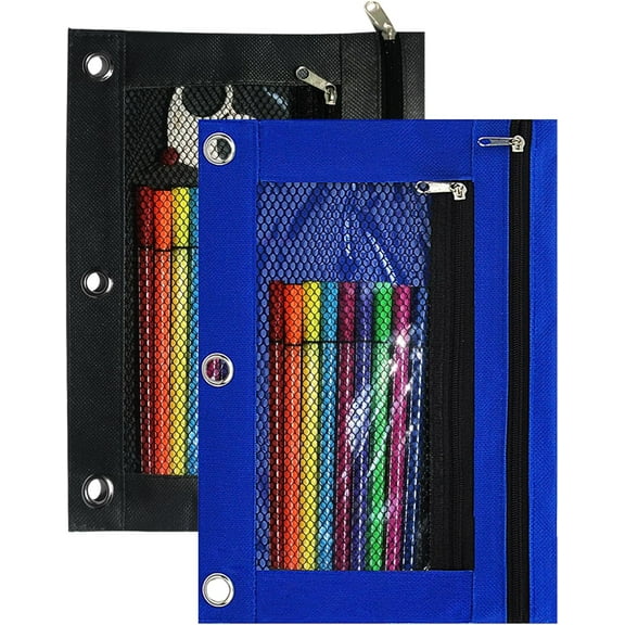 3 Ring Binder Pencil Pouches Pack of 2, Stationery Storage Bags with Zipper - Pencil Case with Double Pocket and Mesh Window