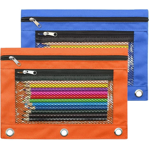 3 Ring Binder Pencil Pouchs, Zippered Pencil Pouch Double Pocket Pencil Pouch 3 Ring with Clear Window
