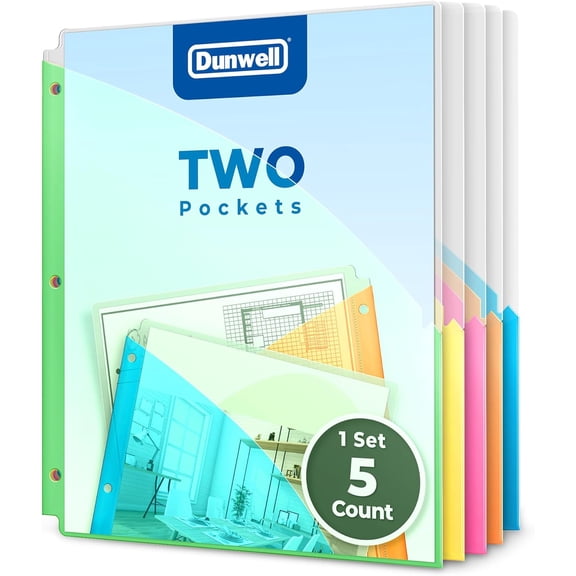 3 Ring Binder Pocket (1 Set, 5 Count) No Tab, Plastic Slash File Jackets for 8.5x11 Paper, Multicolor Notebook Divider with Pockets, 3 Hole Punched Project Folder, Acid-Free