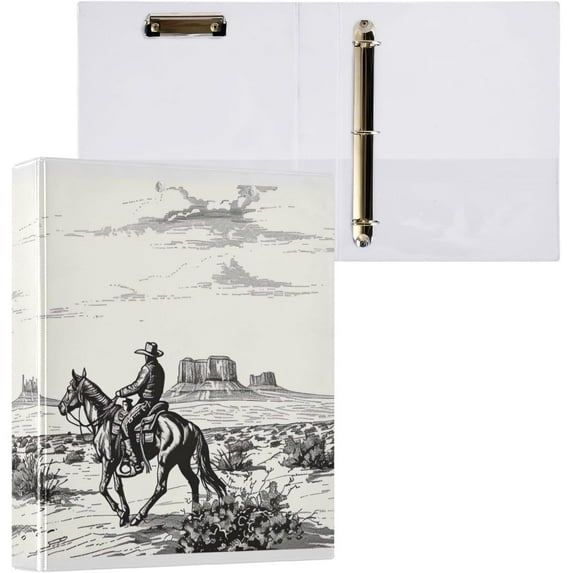 3 Ring Binder,Western Cowboy 1.5 Inch Binder with Round Rings with Clear Pockets and Non-Slip Metal Clip, Holds 200 Sheets for Office and Home Use 1 Pack