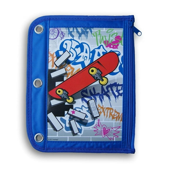 3-Ring Binder Zip Closed Pencil Case Storage Pouch - Blue Skateboard