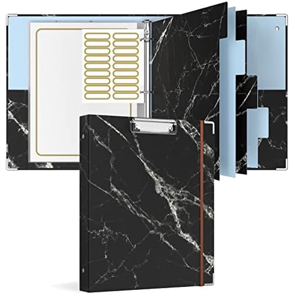 3 Ring Binder with clipboard, 1 inch 8.5 x 11 in Letter Size View Binders Organizer with Dividers Tabs & Clear Sleeves, School Supplies, Office Supplies, Black Textured Marble