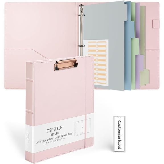 3 Ring Binder with Clipboard 1 Inch Leather Binder for Letter Size (8.5" x 11"), Clipboard Binder with 5 Tab Dividers for School, Office, Pink